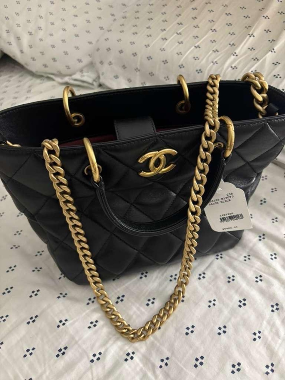CHANEL Black Quilted Lambskin Satchel with Gold CC Hardware